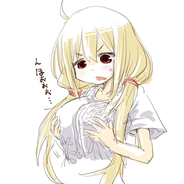 ahoge alternate_breast_size blonde_hair breasts clothes_writing futaba_anzu hirowa_nagi idolmaster idolmaster_cinderella_girls large_breasts long_hair open_mouth red_eyes self_fondle shirt simple_background sketch solo sweatdrop t-shirt translated twintails white_background