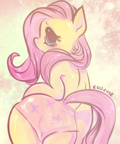 blush butt equine female fluttershy_(mlp) friendship_is_magic fur hair horse looking_at_viewer looking_back mammal my_little_pony panties pink_hair pony presenting presenting_hindquarters simple_background solo underwear xuu yellow_fur