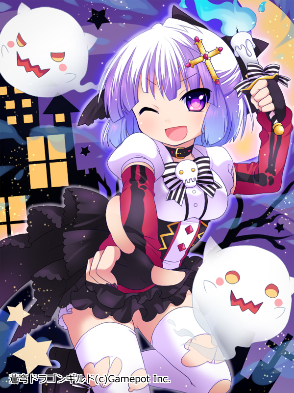 ;d bad_id bad_pixiv_id blush candle cross dress fingerless_gloves ghost gloves hair_ribbon holding looking_at_viewer nail_polish one_eye_closed open_mouth outstretched_arm purple_eyes purple_hair ribbon ringo_yuyu smile solo soukyuu_dragon_guild star thighhighs torn_clothes torn_legwear watermark white_legwear