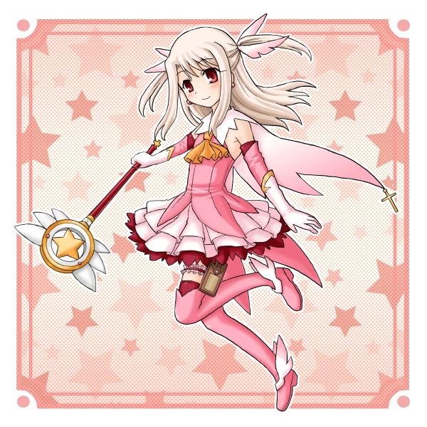 ankle_wings boots cape dress earrings elbow_gloves fate/kaleid_liner_prisma_illya fate_(series) feathers gloves hair_feathers holding holding_wand illyasviel_von_einzbern jewelry kaleidostick knee_boots long_hair magical_girl pink_footwear pouch prisma_illya red_eyes ria_(arinakanomiu) smile solo thigh_strap wand white_hair