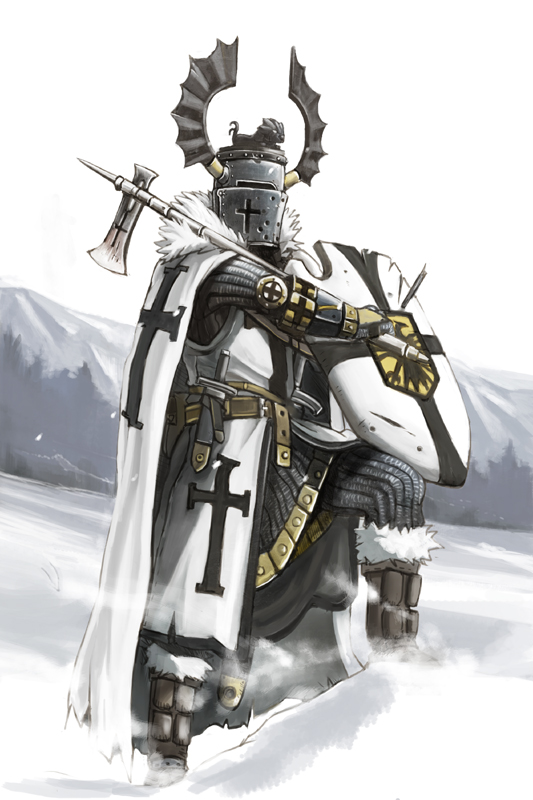 armor axe cape chainmail cross forest full_armor fur_cape gauntlets helm helmet hill holding knife knight male_focus nature original over_shoulder sheath sheathed shield snow solo teutonic_knights weapon weapon_over_shoulder yana_yana