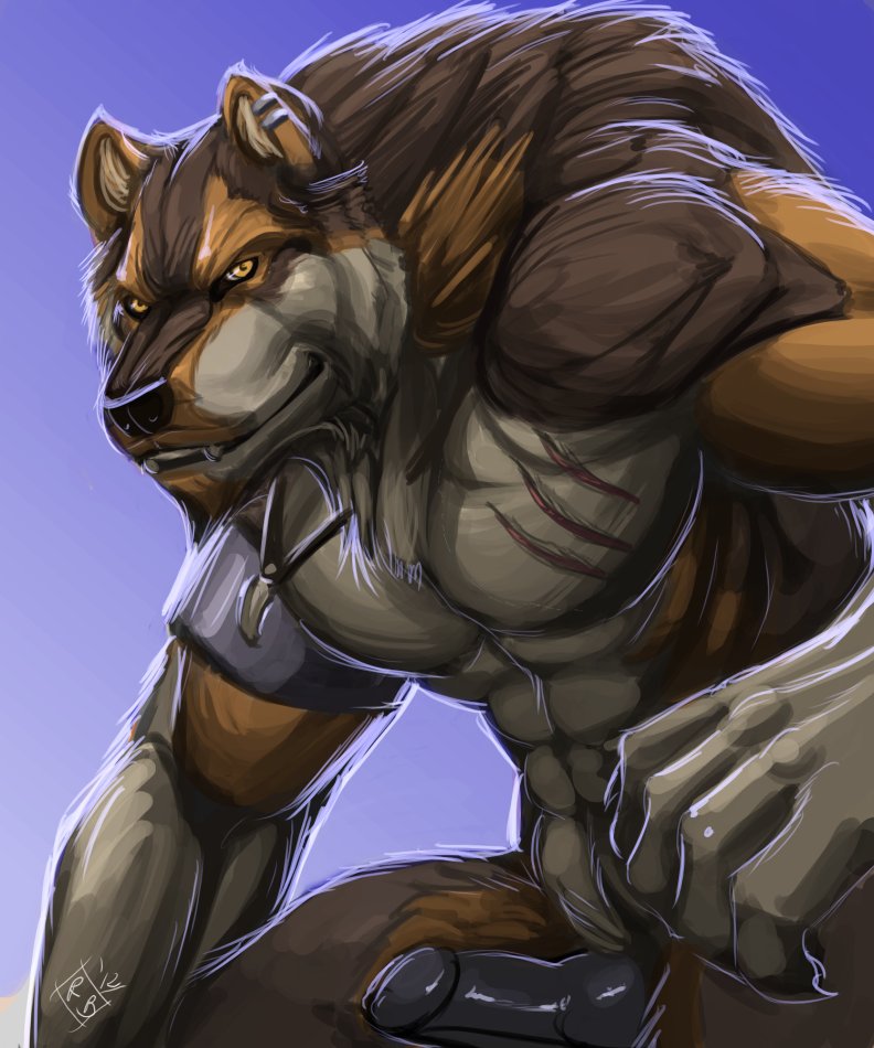 abstract_background animal_genitalia anthro armband armor balls biceps big_muscles big_penis black_nose black_penis blue_background brown_fur canine canine_penis claws ear_piercing erection fur knot licantrox looking_at_viewer male mammal muscles necklace nude pecs penis piercing plain_background pose rrowdybeast scar sheath smile solo tribal were werewolf white_fur wolf wounded yellow_eyes