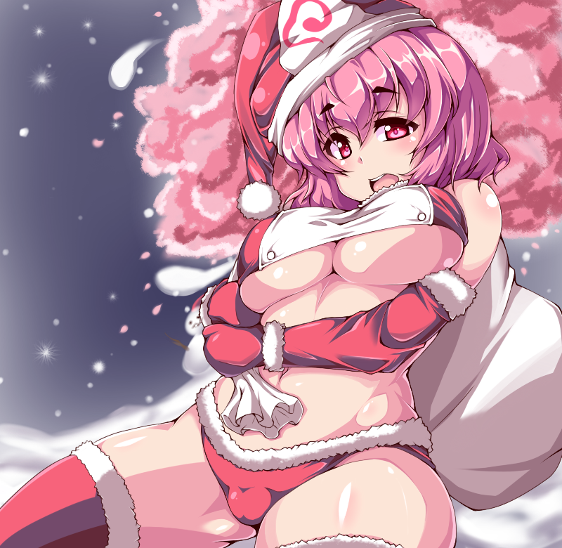alternate_costume bad_id bad_pixiv_id bare_shoulders blush breasts ghost gloves hat large_breasts moisture_(chichi) open_mouth pink_eyes pink_hair saigyouji_yuyuko santa_hat short_hair solo thighs touhou underboob
