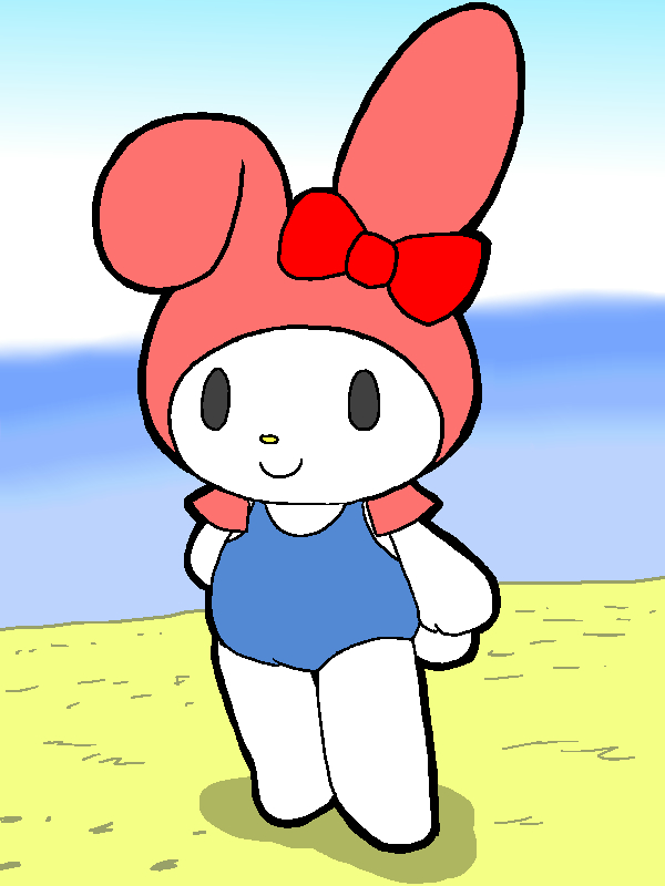 beach bow female furry113 looking_at_viewer my_melody onegai_my_melody seaside smile solo standing swimsuit