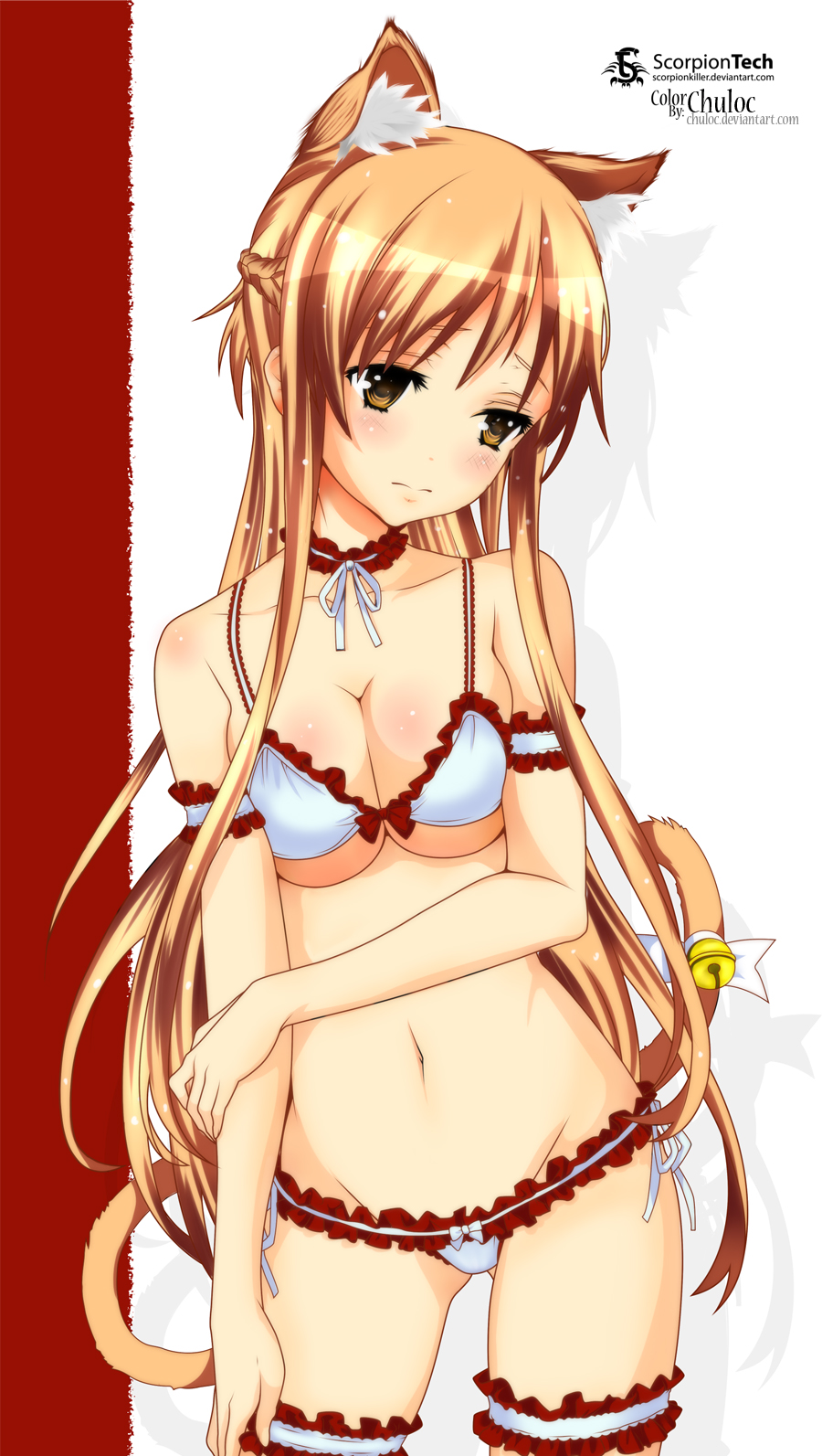 animal_ears arm_garter ass_visible_through_thighs asuna_(sao) bell blush bow bow_bra bow_panties bra breast_squeeze breasts brown_eyes cat_ears cat_tail choker chuloc cleavage colorized derivative_work frilled_bra frilled_panties frills garters half_updo highres light_brown_hair lingerie long_hair matsuryuu medium_breasts panties scorpionkiller shadow side-tie_panties simple_background solo sword_art_online tail tail_bell two-tone_background underboob underwear underwear_only vector_trace