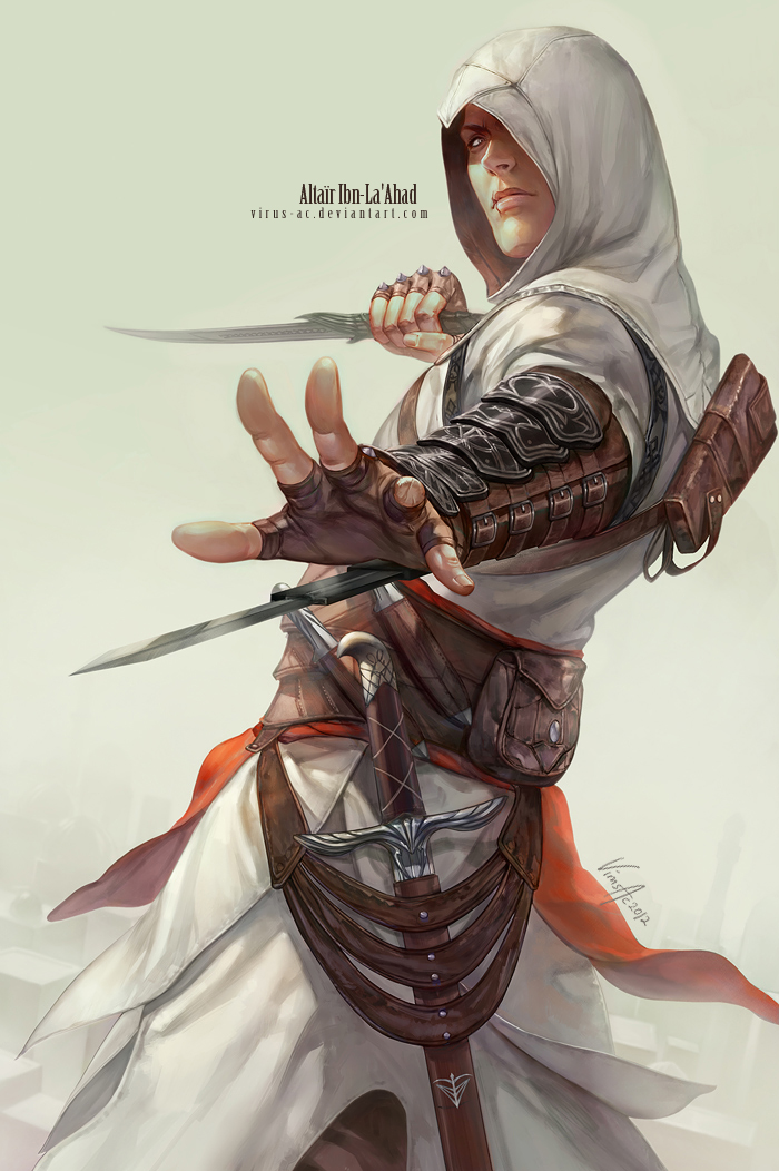 altair_ibn_la-ahad assassin's_creed assassin's_creed_(series) belt blade character_name copyright_name fingerless_gloves gloves hidden_blade hood knife male_focus pouch reverse_grip sash scar serious sheath sheathed signature simple_background solo sword vambraces virus-ac74 watermark weapon web_address
