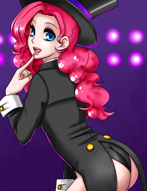 alternate_costume apzzang ass blue_eyes finger_to_mouth hat magician my_little_pony my_little_pony_friendship_is_magic nail_polish open_mouth personification pink_hair pinkie_pie solo top_hat