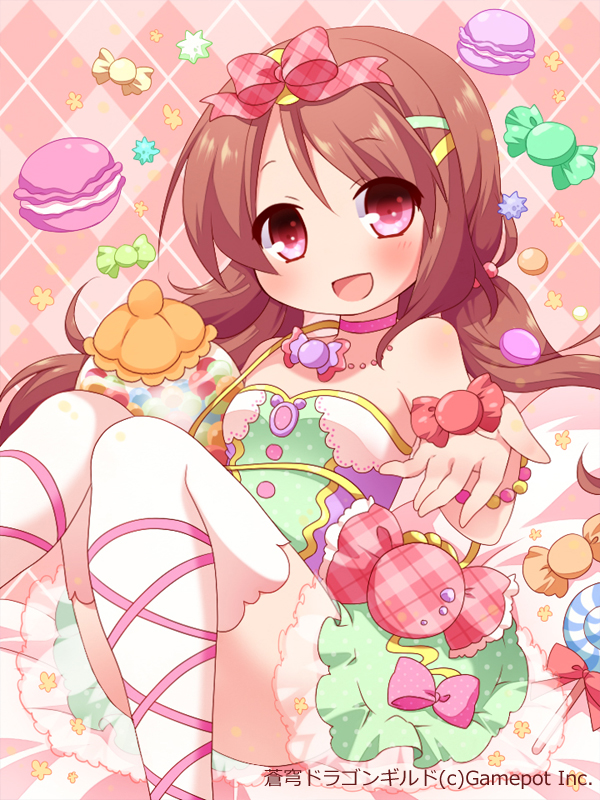 :d argyle argyle_background bad_id bad_pixiv_id blush bow brown_hair candy choker dress food hair_bobbles hair_bow hair_ornament holding jewelry long_hair looking_at_viewer macaron necklace open_mouth pink_hair ribbon_choker ringo_yuyu smile solo soukyuu_dragon_guild thighhighs twintails watermark white_legwear