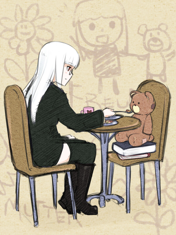 blush boots em feeding glasses heidimarie_w_schnaufer long_hair red_eyes sitting sketch smile solo strike_witches stuffed_animal stuffed_toy table teddy_bear white_hair world_witches_series