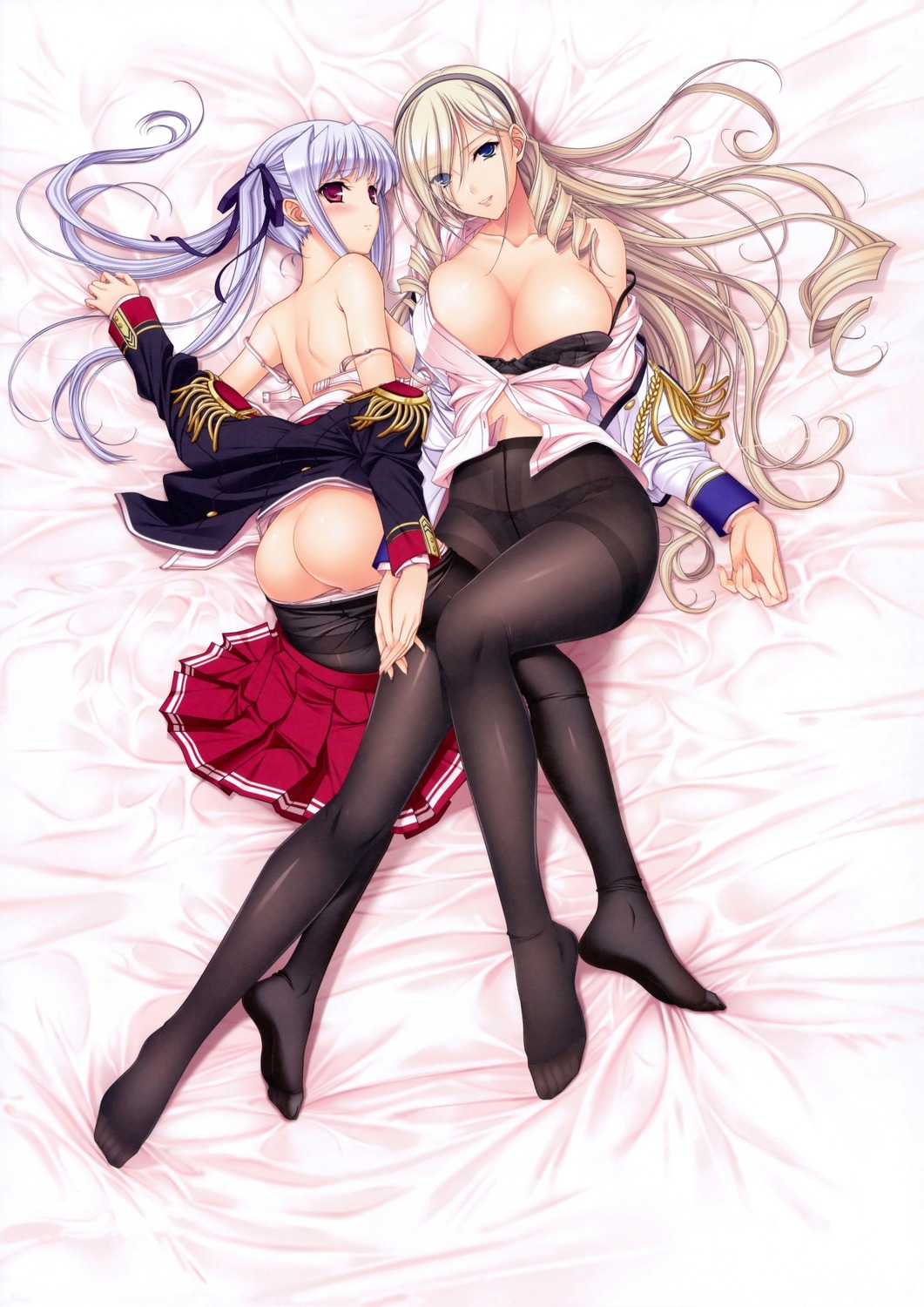 ass black_bra black_legwear blonde_hair blue_eyes bra breasts celia_kumani_entory cleavage crotch_seam dakimakura feet highres komori_kei large_breasts lisa_eostre lying multiple_girls open_clothes open_shirt panties panties_under_pantyhose pantyhose pantyhose_pull purple_hair red_eyes school_uniform shirt small_breasts strap_slip thighband_pantyhose underwear walkure_romanze