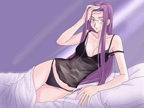 bed boribeya camisole fate/stay_night fate_(series) glasses long_hair lowres panties rider solo strap_slip underwear