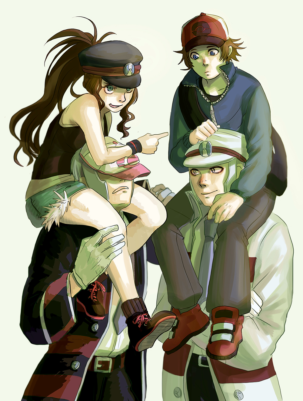 3boys arm_rest bad_id bad_pixiv_id bag bare_shoulders baseball_cap belt black_footwear black_hat black_pants blue_eyes blue_jacket blue_shorts blurry borrowed_garments breasts brown_hair carrying closed_mouth coat covered_eyes cross-laced_footwear frown gloves grey_eyes grey_hair hand_on_another's_head hand_on_another's_leg hat hat_over_eyes headwear_switch high_ponytail highres jacket kudari_(pokemon) long_hair long_sleeves looking_at_another looking_down minzky multiple_boys necktie nobori_(pokemon) open_clothes open_coat pants parted_lips peaked_cap pointing poke_ball_symbol pokemon pokemon_(game) pokemon_bw ponytail red_coat red_footwear shirt shoe_soles shoes shorts shoulder_bag shoulder_carry sidelocks sleeveless small_breasts smile sweatband touko_(pokemon) touya_(pokemon) unbuttoned uniform white_coat white_gloves white_hat white_shirt zipper
