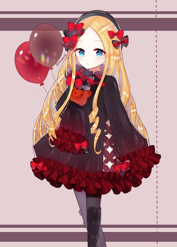 1girl abigail_williams_(fate/grand_order) balloon bangs black_bow black_dress black_hat black_legwear blonde_hair blue_eyes blush bow brown_background closed_mouth commentary_request dress eyebrows_visible_through_hair fate/grand_order fate_(series) forehead frilled_dress frills hair_bow hat long_sleeves looking_at_viewer object_hug pantyhose parted_bangs red_bow sakipsakip sleeves_past_fingers sleeves_past_wrists solo standing stuffed_animal stuffed_toy teddy_bear twitter_username