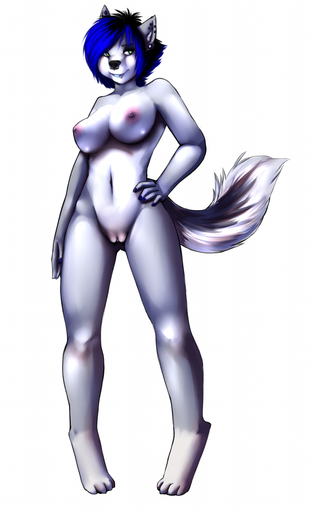blue_hair breasts canine deatheneer dog ear_piercing facial_piercing female gauged_ear green_eyes hair hand_on_hip hindpaw husky lip_piercing mammal nipples nude paws piercing plain_background pussy solo toes white_background wolf