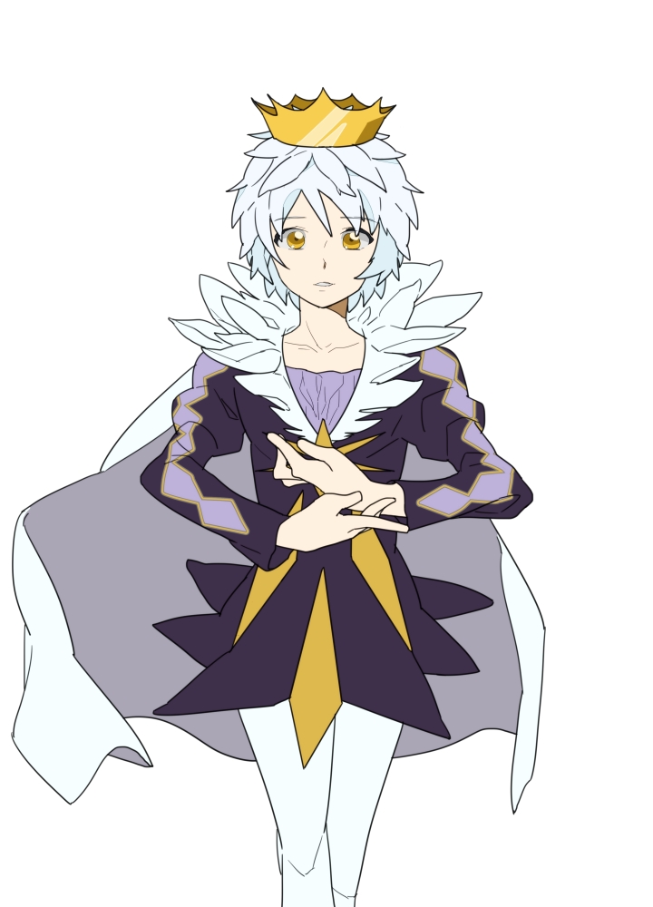 alternate_costume ballet cape crown formal looking_at_viewer male_focus miming mytho pantyhose parted_lips princess_tutu regain simple_background solo standing translated white_background white_hair yellow_eyes