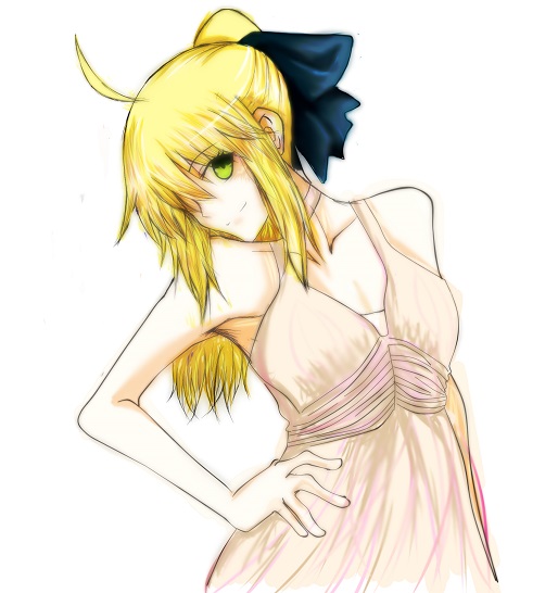 1girl ahoge artoria_pendragon_(all) bad_id bad_pixiv_id bare_shoulders blonde_hair bow dress fate/stay_night fate/unlimited_codes fate_(series) green_eyes hair_bow long_hair ponytail saber saber_lily solo