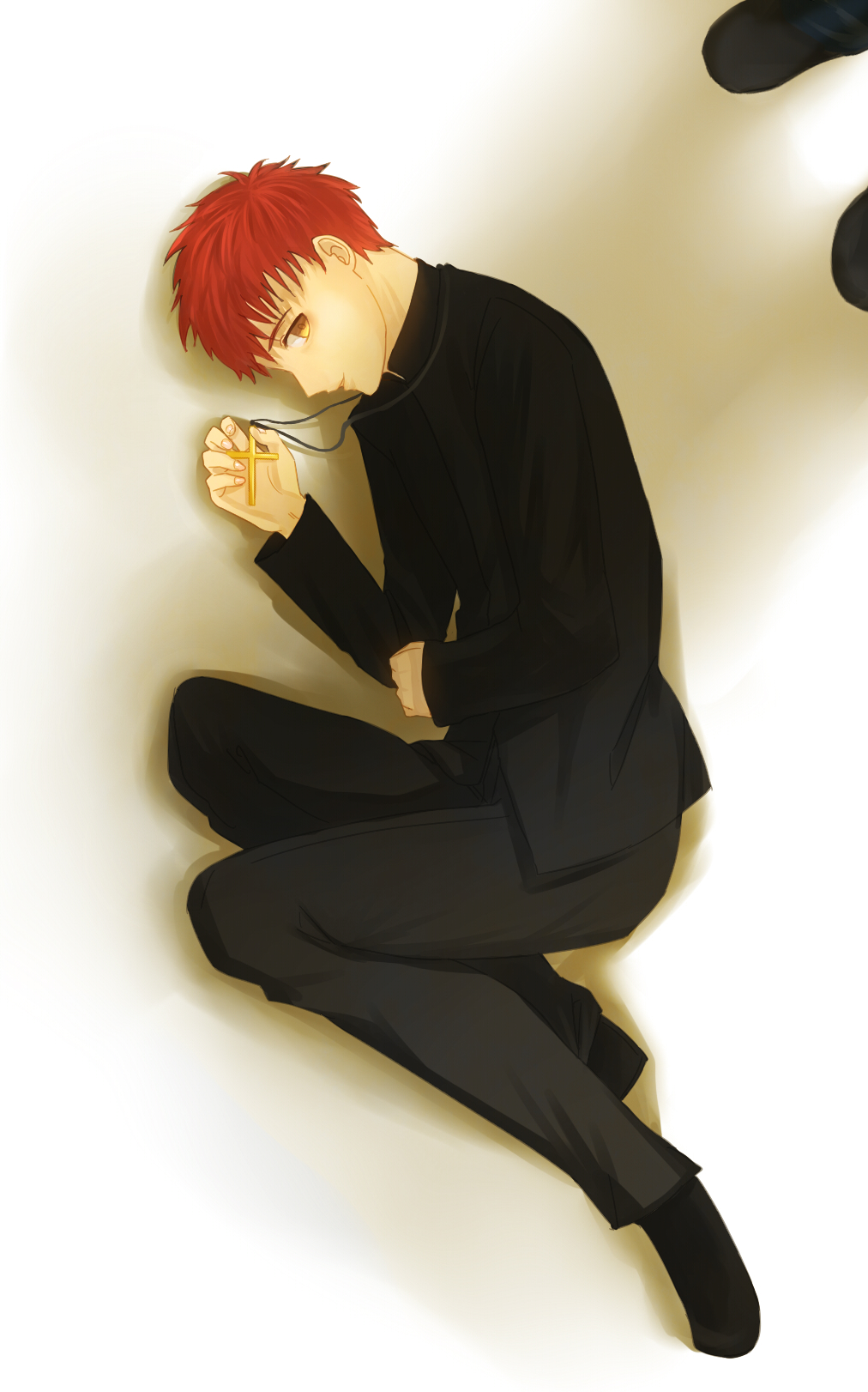 brown_eyes cross cross_necklace emiya_shirou fate/stay_night fate_(series) fetal_position full_body highres jewelry kotomine_shirou_(fanfic) male_focus moka08 necklace red_hair solo yellow_eyes
