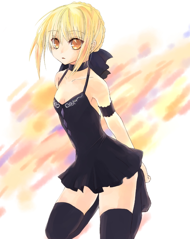 artoria_pendragon_(all) bare_shoulders blonde_hair breasts cleavage dress fate/stay_night fate_(series) hair_ribbon ribbon ryu-ka saber_alter small_breasts solo thighhighs yellow_eyes