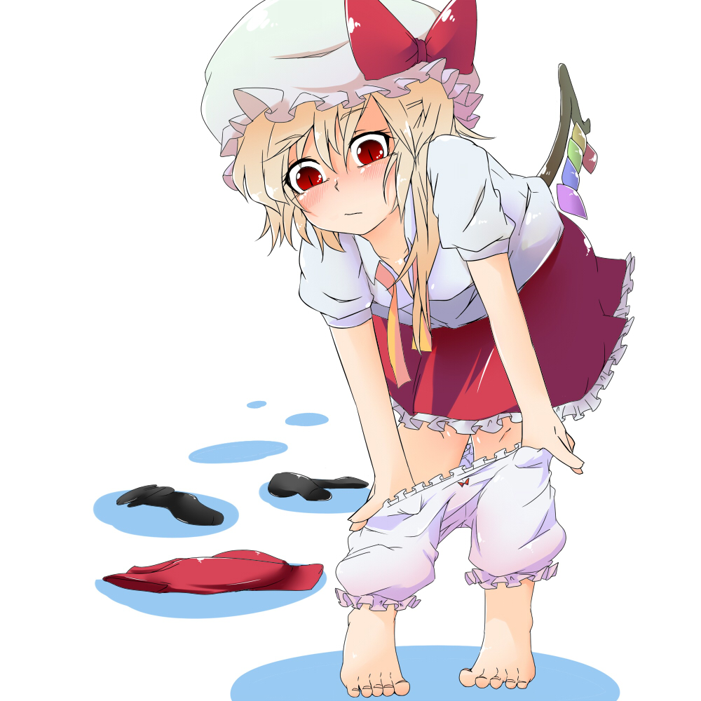 ascot bacho barefoot bent_over blonde_hair bloomers bloomers_pull blush flandre_scarlet hat hat_ribbon red_eyes ribbon side_ponytail skirt socks solo touhou underwear undressing wings