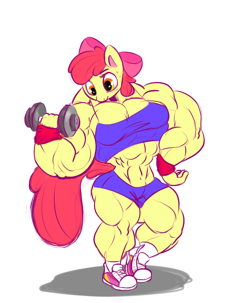 anthro apple_bloom_(mlp) biceps big_muscles bodybuilder bow breasts clothed clothing color doctorplaid equine female flat_chested flexing friendship_is_magic hair horse hyper hyper_muscles invalid_tag looking_down mammal mane muscles muscular_female my_little_pony plain_background pony shoes shorts skimpy sneakers solo standing sweat thick_thighs weight weights white_background workout wristband
