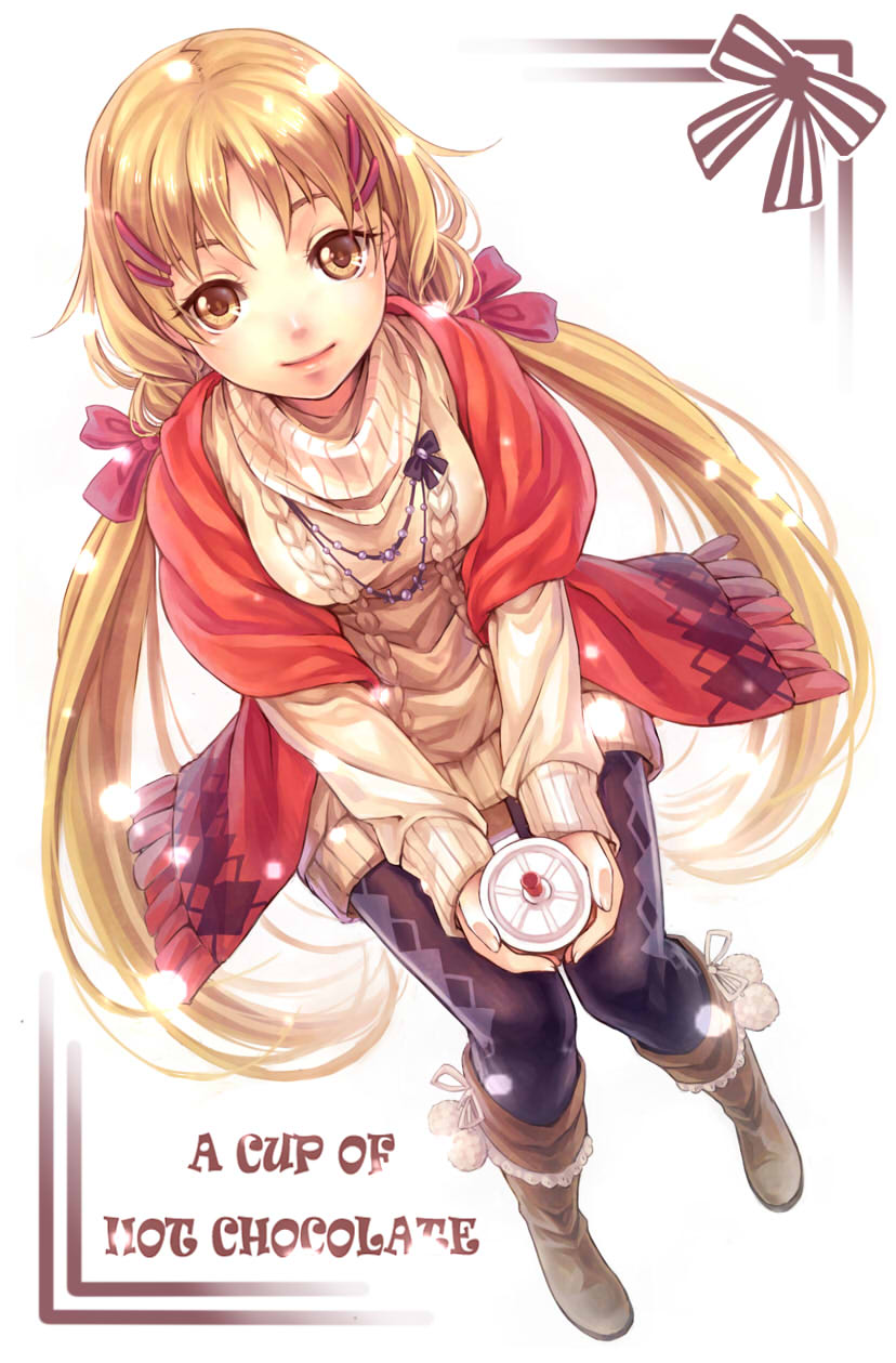 blonde_hair boots brown_hair cup drinking_straw hair_ribbon highres holding lips long_hair looking_at_viewer maple original pantyhose ribbon smile snowing solo sweater twintails
