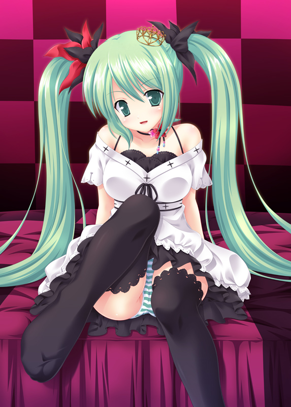 checkered checkered_background green_eyes green_hair hatsune_miku long_hair nanami_ayane panties pantyshot pantyshot_(sitting) sitting solo striped striped_panties thighhighs twintails underwear very_long_hair vocaloid world_is_mine_(vocaloid)