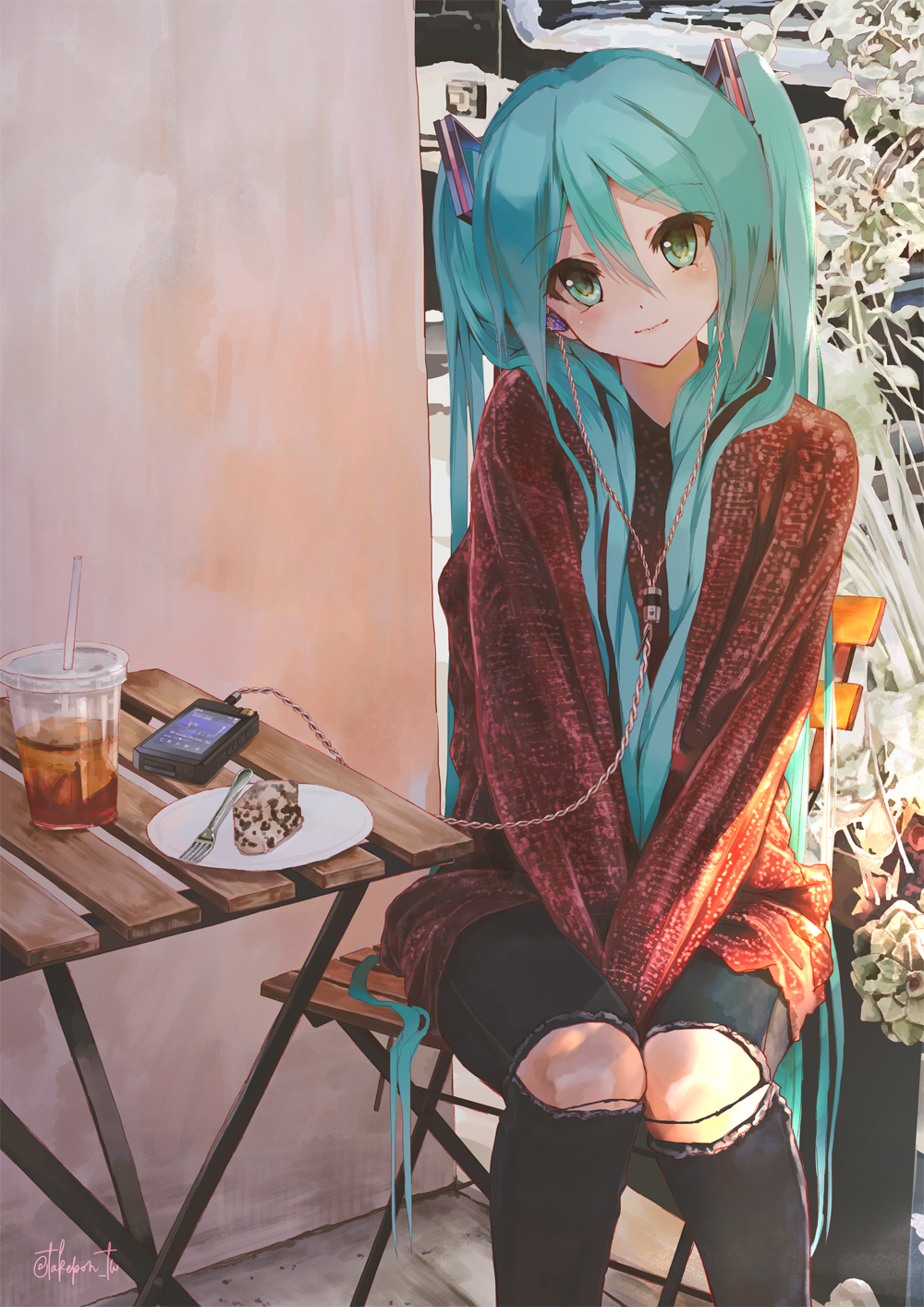 1girl aqua_eyes aqua_hair between_legs blush cake commentary cup digital_media_player drinking_straw food fork hair_ornament hand_between_legs hatsune_miku head_tilt headphones highres knees_together long_hair plate sitting smile solo takepon1123 twintails very_long_hair vocaloid