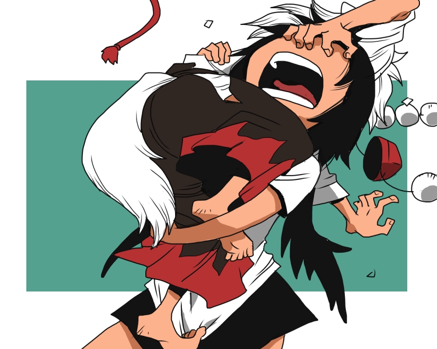 animal_ears barefoot black_hair black_wings carrying commentary_request face_grab hat hat_removed hat_ribbon headwear_removed inubashiri_momiji multiple_girls onikobe_rin open_mouth ribbon shameimaru_aya shirt short_hair short_sleeves side_slit silver_hair skirt tail tokin_hat touhou wings wolf_ears wolf_tail