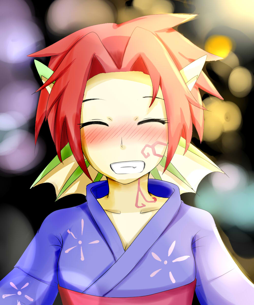 1girl artist_request bangs blush dragon_girl eyes_closed festival fins granberia grin highres japanese_clothes kimono looking_at_viewer monster_girl monster_girl_quest pointy_ears red_hair short_hair smile tattoo teeth young