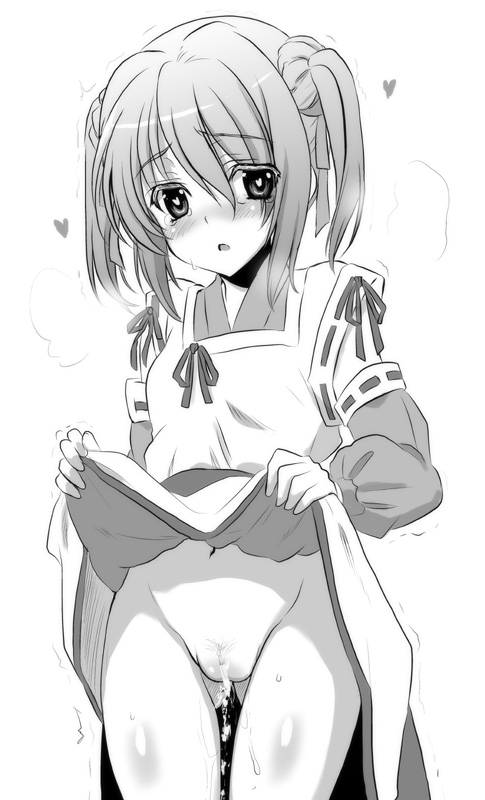 :o artist_request blush bottomless dress dress_lift greyscale heart heart-shaped_pupils monochrome navel oda_nobuna_no_yabou onmyouji open_mouth pee peeing solo symbol-shaped_pupils takenaka_hanbee_(oda_nobuna_no_yabou) twintails