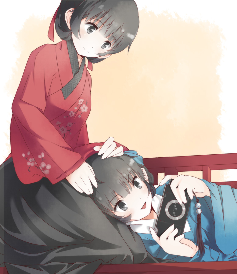 :d bad_id bad_pixiv_id black_eyes black_hair chinese_clothes hair_ribbon handheld_game_console holding lap_pillow lying multiple_girls on_side open_mouth original playing_games playstation_portable pvmivs ribbon short_hair smile sony