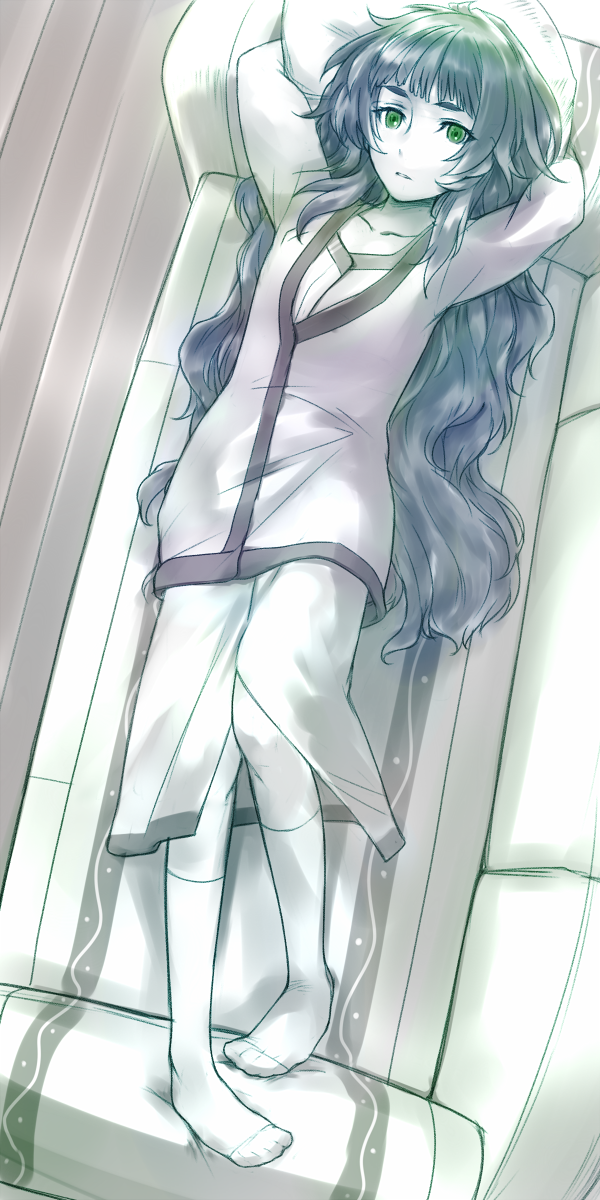 1girl artist_request bangs black_hair cardigan collarbone couch dress eyebrows flat_chest full_body green_eyes hiyajou_maho labcoat long_hair looking_at_viewer lying messy_hair open_mouth shirt socks steins;gate steins;gate_0 very_long_hair white_dress white_shirt white_socks