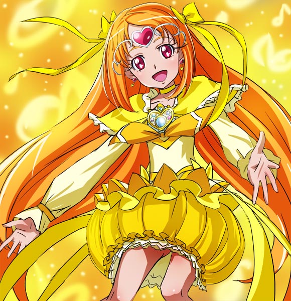 bow brooch bubble_skirt capelet choker cure_muse_(yellow) eyelashes haruyama_kazunori heart jewelry long_hair looking_at_viewer magical_girl musical_note open_mouth orange_hair pink_eyes precure red_eyes ribbon shirabe_ako skirt solo suite_precure thighs tiara twintails very_long_hair yellow_bow yellow_choker