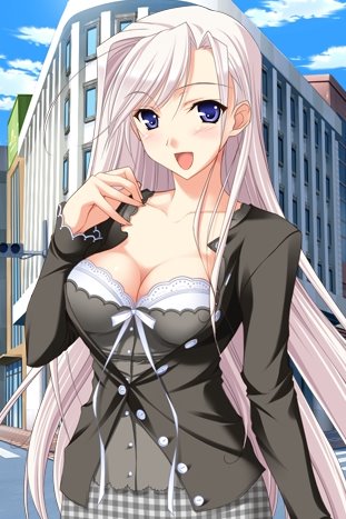 1girl :d ahoge artist_request bangs blue_eyes blush bra breasts building charlotte_hazellink checkered city cleavage cloud clouds collarbone crosswalk large_breasts long_hair looking_at_viewer lowres open_mouth parted_bangs princess_lover road sky smile solo standing straight_hair street underwear very_long_hair white_hair