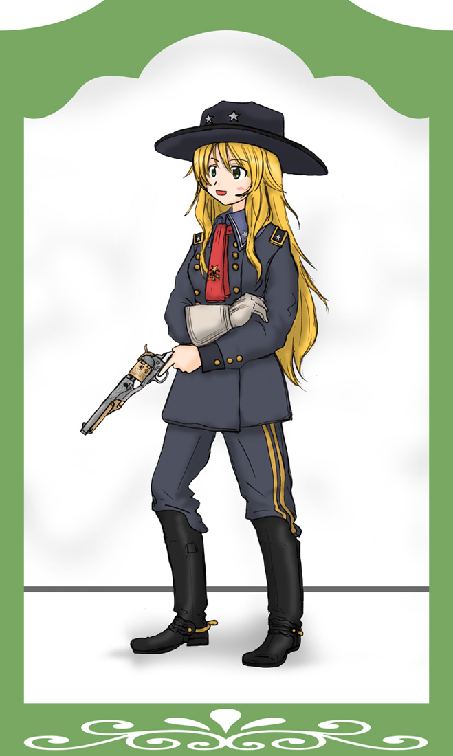 american_civil_war blonde_hair boots colt_1861_navy ernest george_armstrong_custer gloves green_eyes gun handgun hat holding holding_gun holding_weapon hoshii_miki idolmaster idolmaster_(classic) long_hair military military_uniform neckerchief revolver single_glove solo spurs uniform weapon