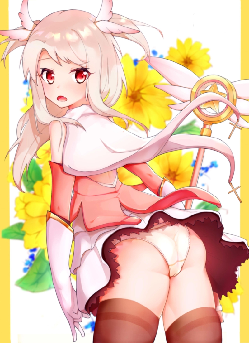 artist_request ascot ass bangs blush cape collared_shirt detached_sleeves elbow_gloves eyebrows_visible_through_hair fang fate/kaleid_liner_prisma_illya fate_(series) feathers gloves hair_between_eyes hair_feathers holding holding_wand illyasviel_von_einzbern kaleidostick layered_skirt long_hair long_sleeves open_mouth pink_feathers pink_legwear pink_shirt pleated_skirt prisma_illya red_eyes shirt silver_hair skirt sleeveless sleeveless_shirt solo star thighhighs two_side_up very_long_hair wand white_gloves white_skirt