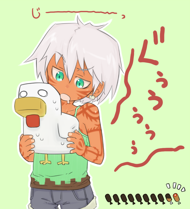 bare_shoulders bird boned_meat chicken dark_skin drooling earrings facial_tattoo flat_chest food green_eyes hungry irezumi-san_(ozka) jewelry meat minecraft original ozka short_hair shorts silver_hair sweatdrop tattoo translated