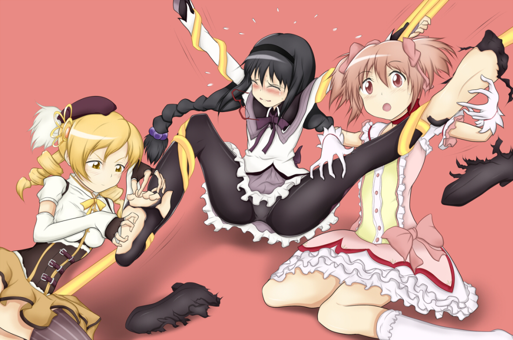 akemi_homura barefoot bdsm between_toes black_hair blonde_hair bondage bound braid drill_hair feet foot_tickling hands_on_feet holding_another's_foot kaname_madoka mahou_shoujo_madoka_magica no_shoes pantyhose pink_eyes pink_hair restrained short_twintails soles tickling toes tomoe_mami torn_clothes twin_braids twin_drills twintails yellow_eyes