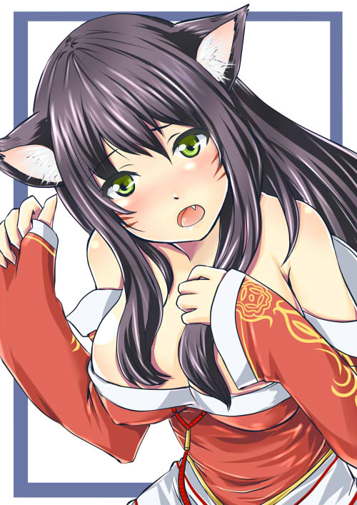ahri animal_ears bare_shoulders black_hair breasts cleavage detached_sleeves facial_mark fang fox_ears green_eyes large_breasts league_of_legends long_hair looking_at_viewer mashua open_mouth solo whisker_markings