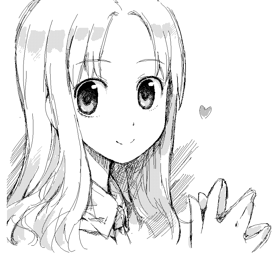 copyright_request greyscale hage heart long_hair monochrome simple_background smile solo white_background