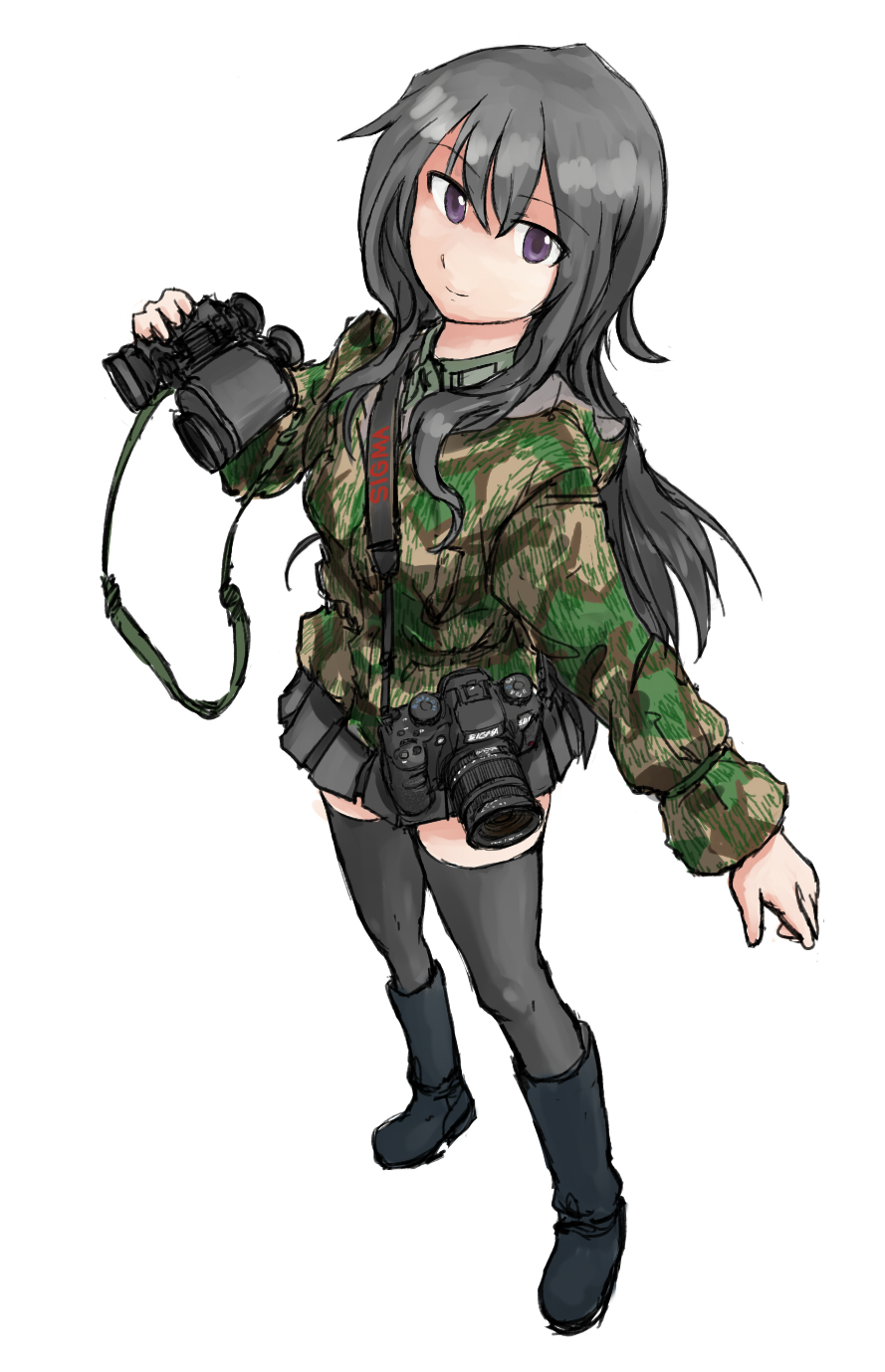 bad_id bad_pixiv_id binoculars boots camera camouflage dutchko highres military military_uniform original pleated_skirt skirt smile solo thighhighs uniform zettai_ryouiki