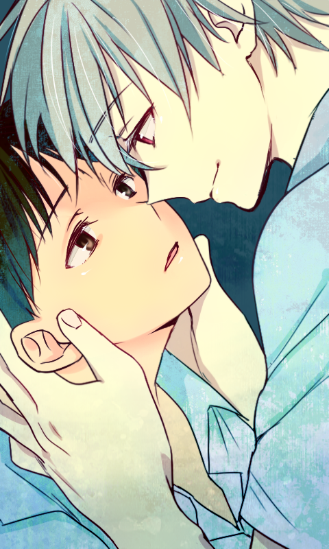 brown_eyes brown_hair couple eye_contact hands_on_another's_face ikari_shinji looking_at_another male_focus mine_(myfoot916) multiple_boys nagisa_kaworu neon_genesis_evangelion red_eyes silver_hair smile yaoi