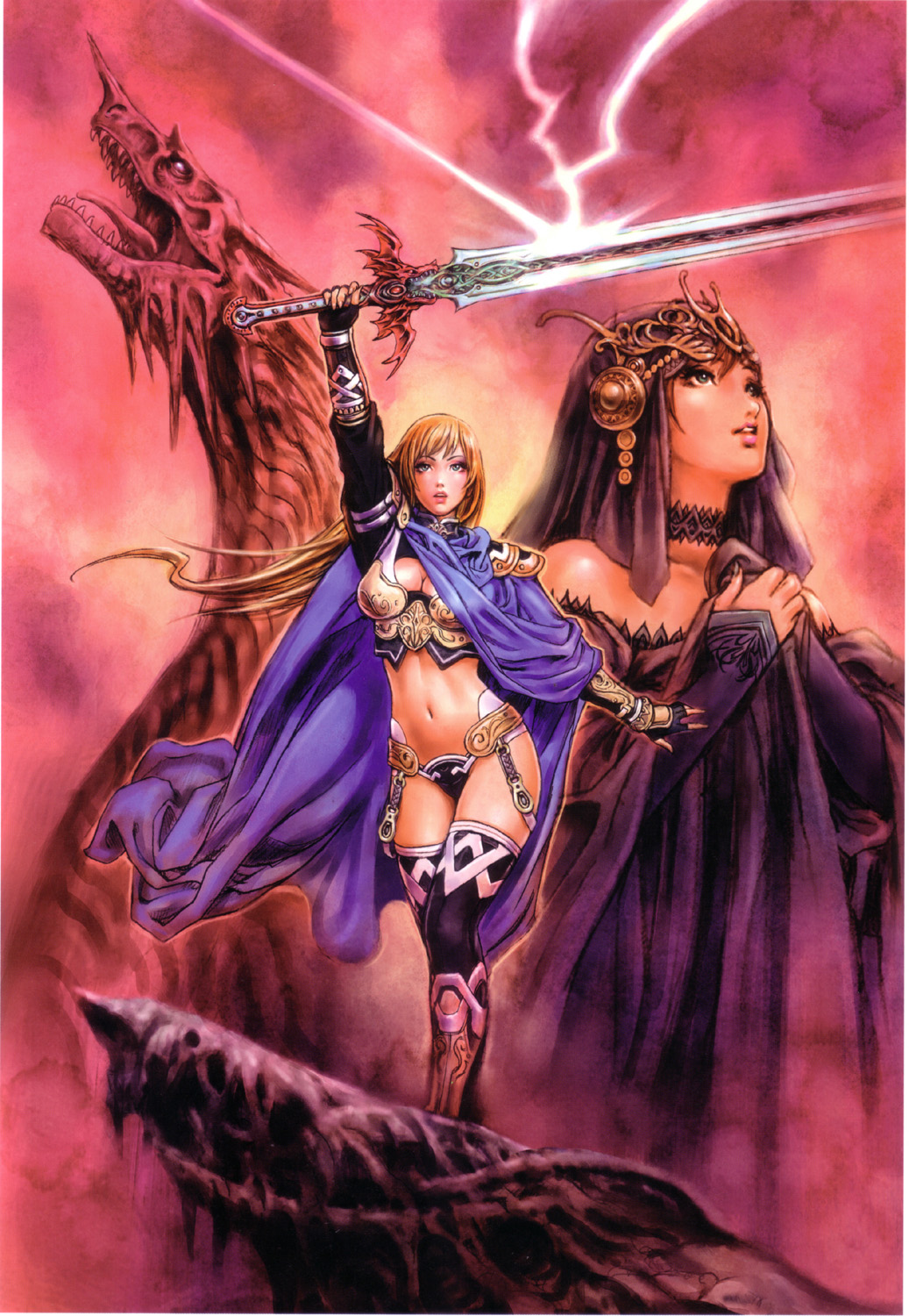 2girls arm_up armor bangs bare_shoulders belt bikini_armor blue_eyes blush boots breasts bridal_gauntlets brown_hair cape choker cleavage cliff cloak cloud crop_top crown dragon elbow_gloves fantasy fingerless_gloves fingernails floating_hair glint gloves hands_together highres holding hood horns huge_weapon knee_boots lace large_breasts legs_crossed lipstick long_fingernails long_hair looking_up makeup midriff multiple_girls navel off_shoulder open_mouth orange_hair outdoors pauldrons scan sky sleeves_past_wrists standing sword teeth thighhighs tongue turtleneck weapon wild_flower yamashita_shun'ya yamashita_shunya