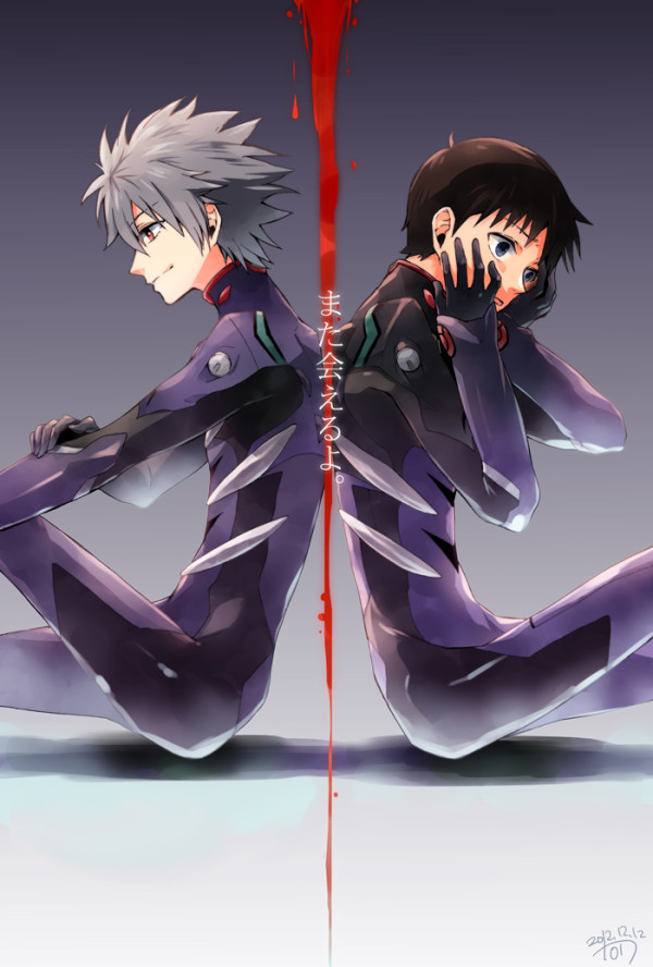 back-to-back blood blue_eyes brown_hair evangelion:_3.0_you_can_(not)_redo ikari_shinji irono_(irtyu) male_focus multiple_boys nagisa_kaworu neon_genesis_evangelion plugsuit rebuild_of_evangelion red_eyes sitting white_hair