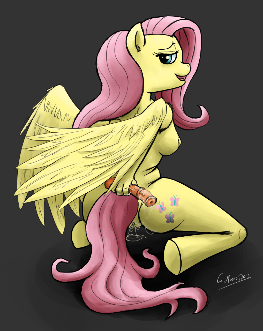 anthro anthrofied blue_eyes breasts butt cutie_mark dildo equine female fluttershy_(mlp) friendship_is_magic fur hair horse looking_at_viewer looking_back luffsas mammal my_little_pony nipples open_mouth pegasus pink_hair plain_background pony pussy pussy_juice sex_toy side_boob solo tongue toy wings yellow_fur