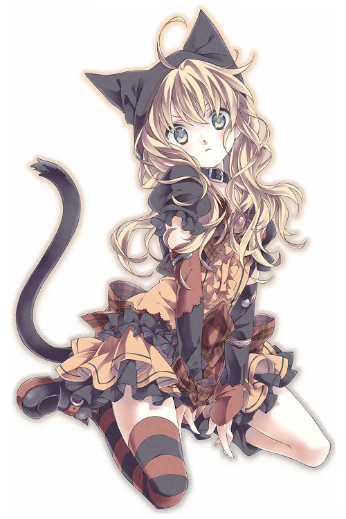 animal_ears bad_id bad_pixiv_id cat_ears cat_tail long_hair looking_at_viewer simple_background single_thighhigh solo tail thighhighs trickster white_background yuetsuki_(ash)