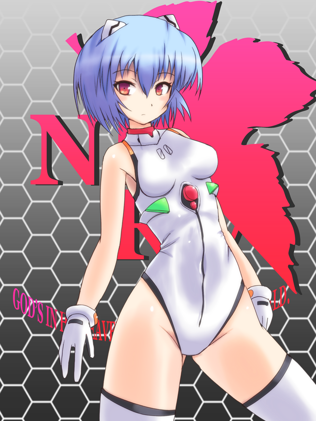 :| adapted_costume arms_at_sides ass_visible_through_thighs ayanami_rei bad_id bad_pixiv_id bangs bare_shoulders black_background blue_hair blush breasts closed_mouth english expressionless gloves gradient grey_background groin hair_between_eyes halterneck headgear highleg highleg_leotard hips honeycomb_(pattern) honeycomb_background impossible_clothes impossible_leotard legs_apart leotard logo looking_at_viewer neon_genesis_evangelion nerv number pilot_suit plugsuit rebuild_of_evangelion red_eyes short_hair small_breasts solo standing sumapan thighs turtleneck white_gloves white_legwear white_leotard