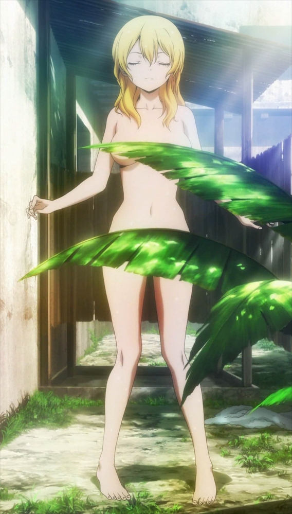 1girl bangs bare_shoulders barefoot blonde_hair breasts btooom! building censored collarbone convenient_censoring expressionless eyes_closed feet female fence fingernails foreshortening full_body grass hair_between_eyes hands highres himiko_(btooom!) hips leaf legs light_rays long_hair navel nude outdoors outstretched_arms plant screencap shadow standing stitched sunbeam sunlight toes towel uncensored wall