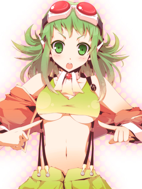 :o blush breasts goggles goggles_on_head green_eyes green_hair gumi koumei_(harmonizer) large_breasts looking_at_viewer megpoid_(vocaloid3) midriff navel short_hair solo suspenders underboob vocaloid