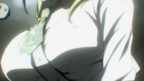 animated animated_gif blonde_hair blush bomb bouncing_breasts breasts btooom! clenched_teeth closed_eyes hair_between_eyes himiko_(btooom!) large_breasts long_hair lowres necktie open_mouth ricocheting school_uniform short_necktie skull slow_motion solo teeth